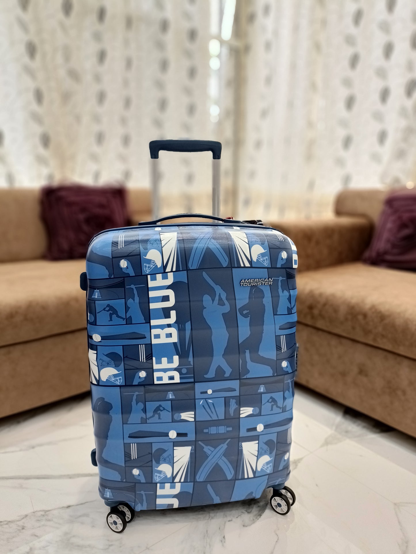 American Tourister play for blue Worldcup Trolly bag blue colour with 8 wheels