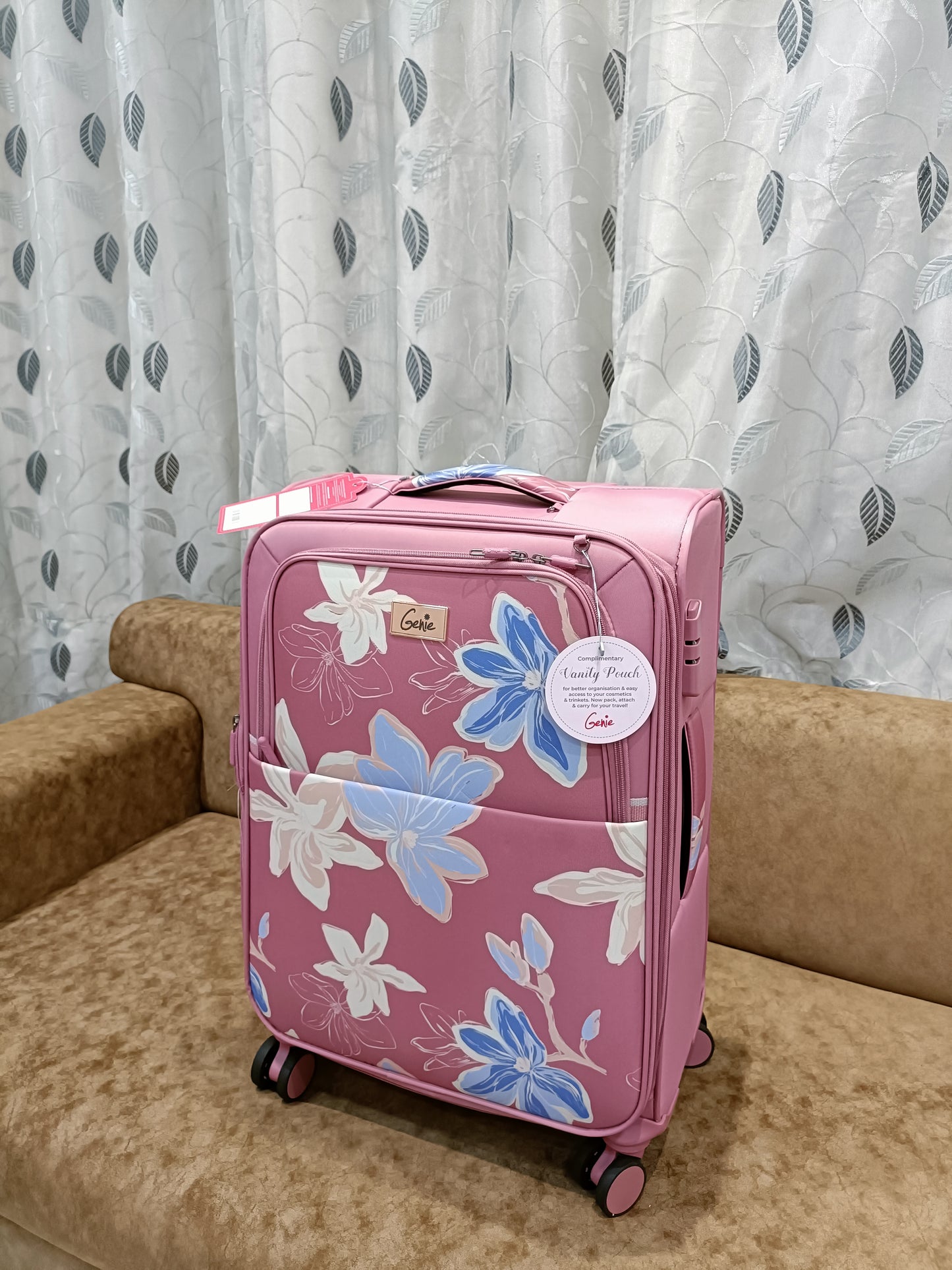 Genie Lily Pink Trolley Bag Dual Wheels & Fixed Combination Lock